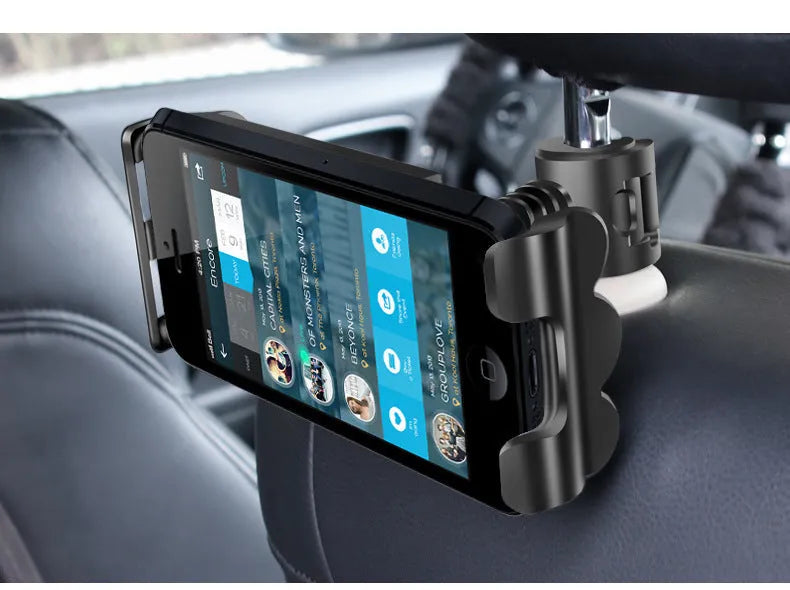 Car headrest phone and tablet holder with adjustable 360-degree rotation bracket in black, blue, or red.