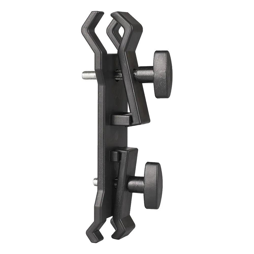 Black ABS plastic umbrella clip for mounting on a camera tripod quick release plate.