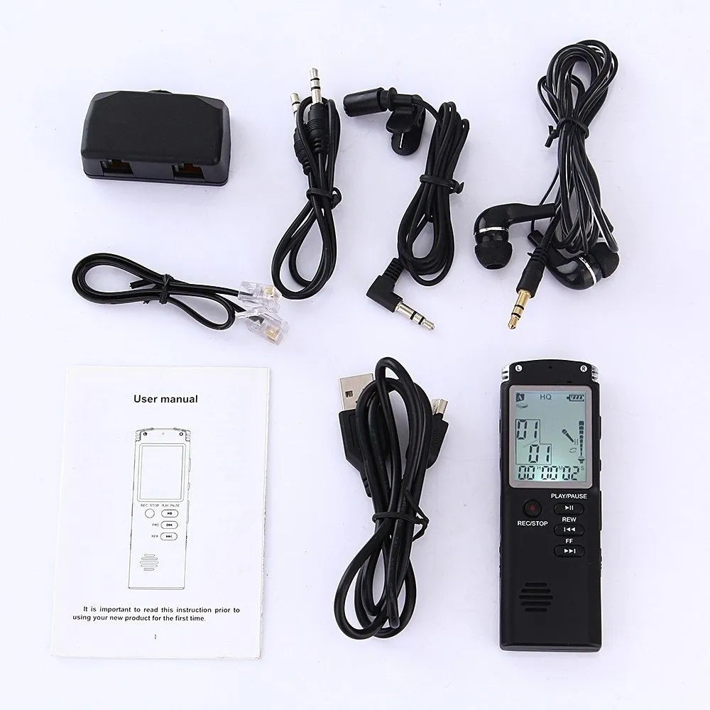 Compact black USB voice recorder with display screen, showing 16GB memory and external microphone port.