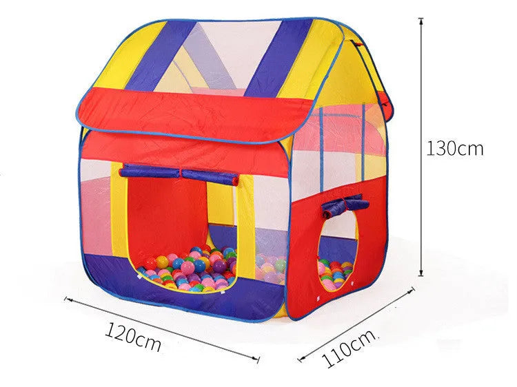 Outdoor children's play tent with roll-up curtains in garden setting