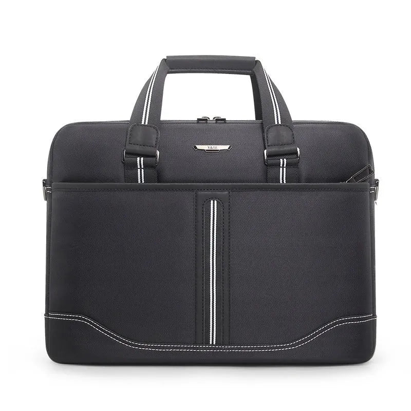 Black Oxford cloth men's laptop bag with soft handle, fits 16-inch laptop, for business travel.