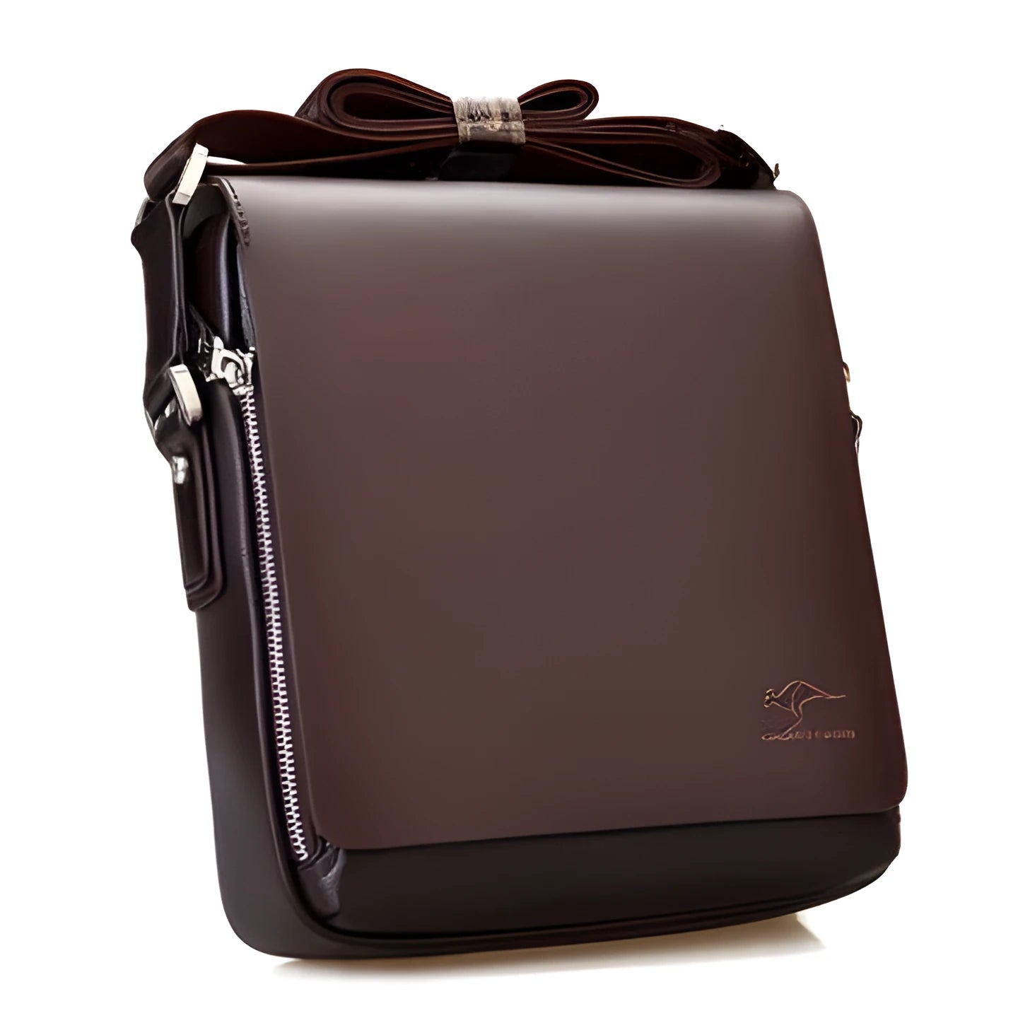 Men's PU leather messenger bag solid colour vertical model in Brown with cover closure and slit pocket