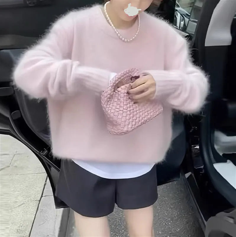 Women's Mohair lazy loose pullover sweater in solid colour, long sleeves, polyester blend, front view