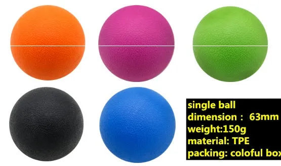Peanut massage ball in black, blue, green, orange, pink, or purple, hardened material, portable for trigger point massage
