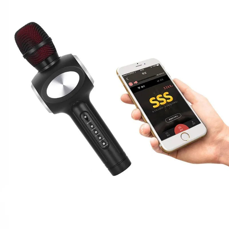 Yaerjia E108 wireless karaoke microphone in black, gold, or pink colour with built-in speaker