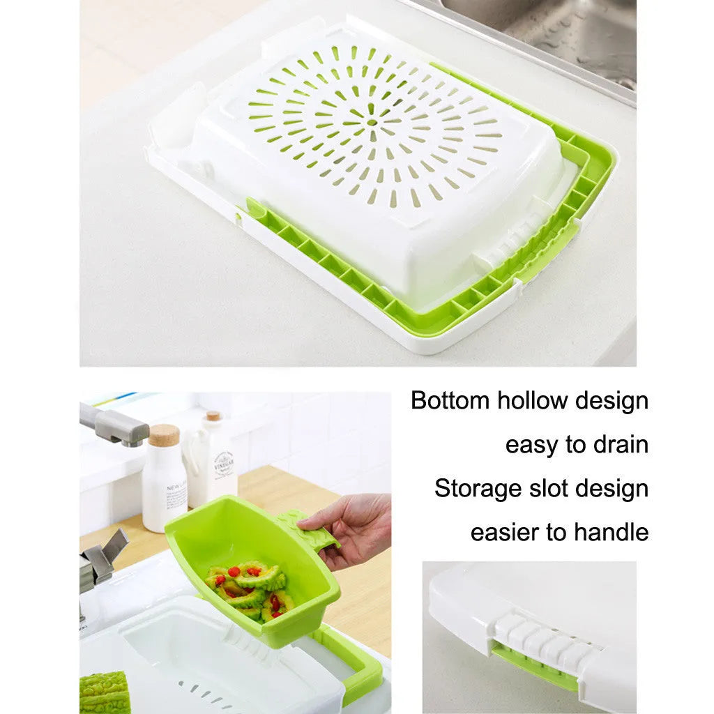 Green multifunction cutting board with drainage holes mounted on a kitchen sink edge.