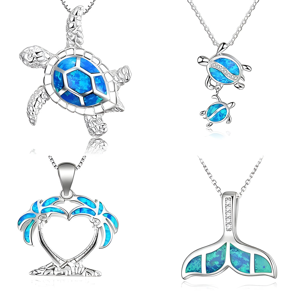Blue opal sea turtle pendant necklace silver plating vintage style women jewellery