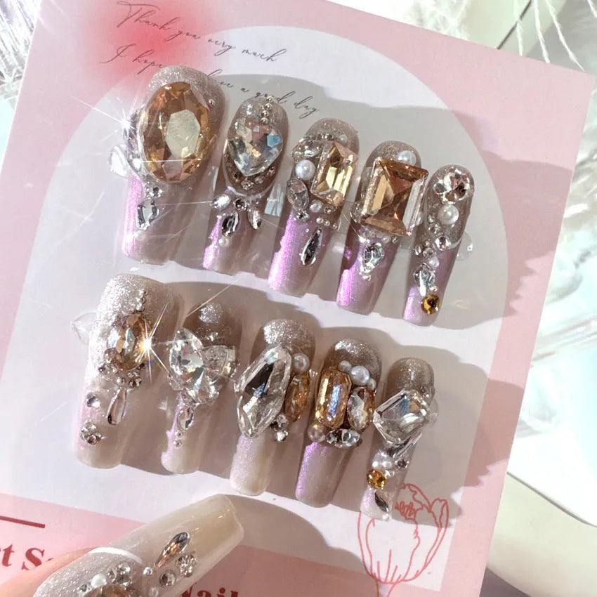Wear Nail Heavy Industry luxury rhinestone press-on false nails in flash style on a card, with jelly adhesive or tool set options.