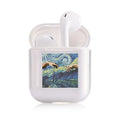 Transparent plastic protective cover for Apple AirPods case showing colour style options.