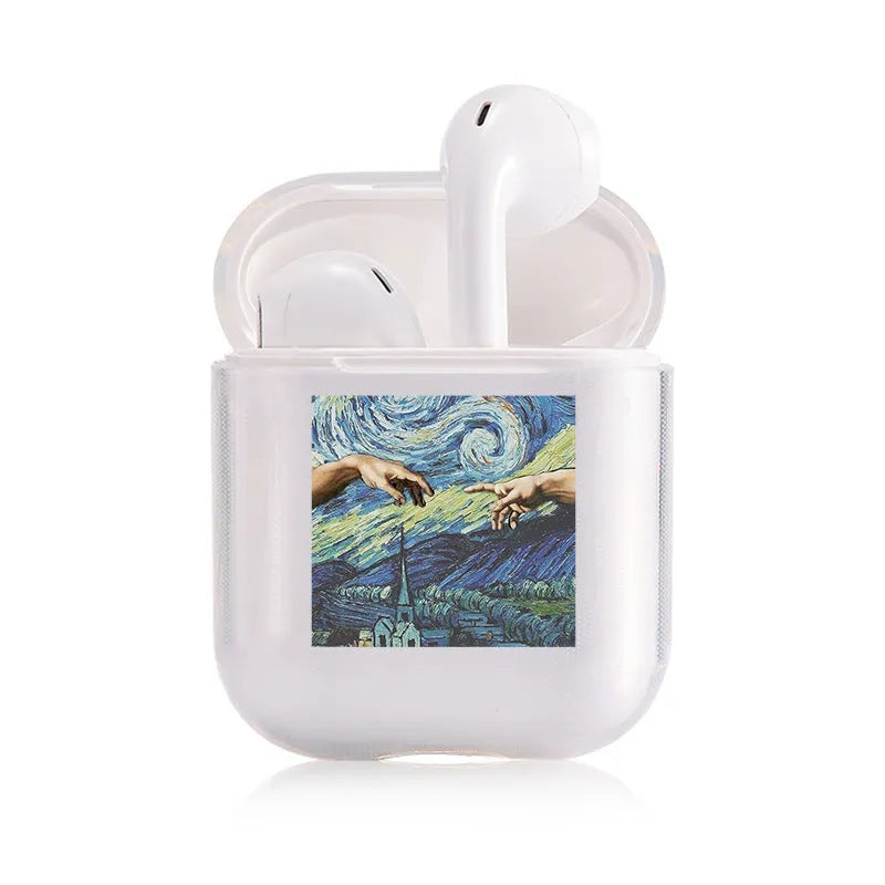 Transparent plastic protective cover for Apple AirPods case showing colour style options.
