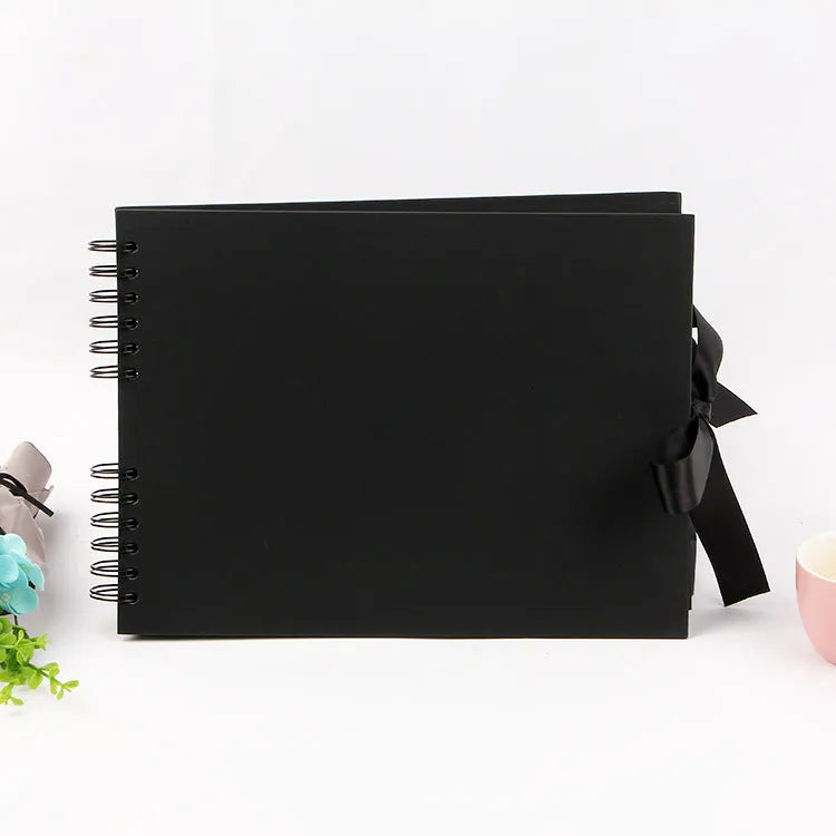 Handmade DIY photo album with black cardboard and Kraft paper cover, showing coil binding and yellow colour option.