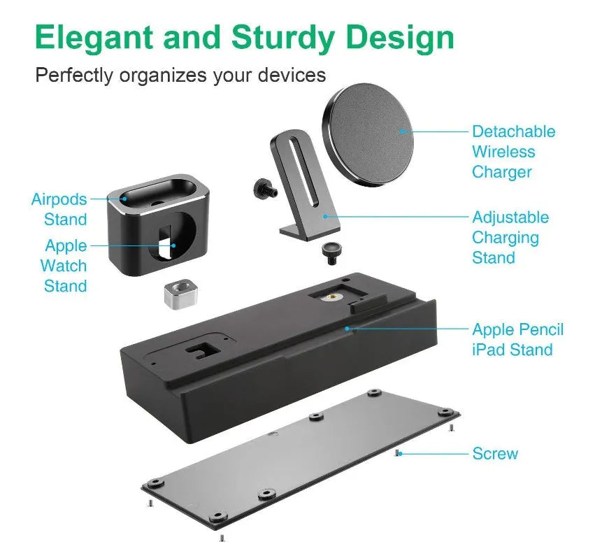 Black eight-in-one wireless charging station bracket with five USB ports and a circular aluminium alloy wireless charging pad.