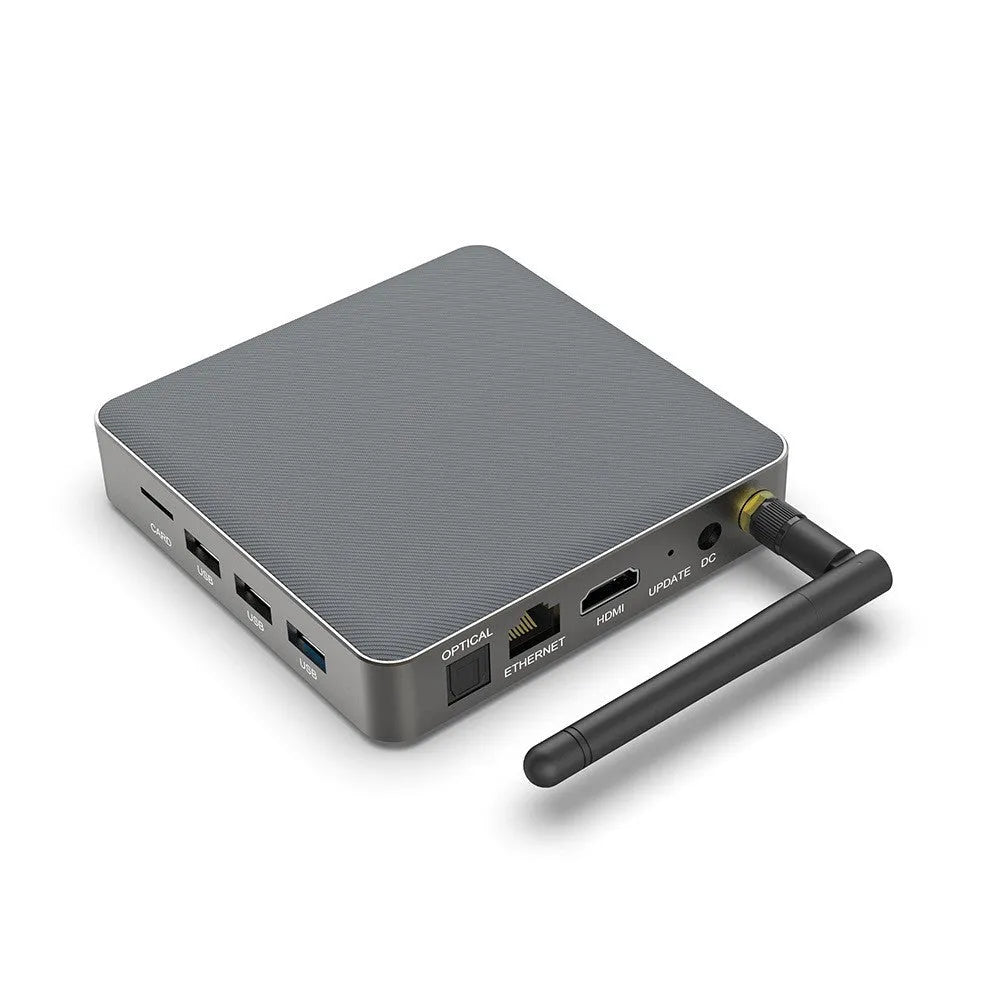 Android set-top box with 8K output showing front panel and connectivity ports