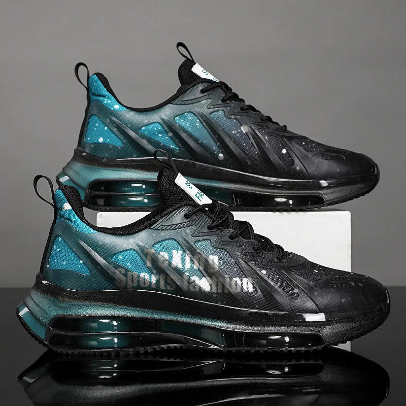 Men's black and green mesh platform sneakers with rubber sole and front lace-up design