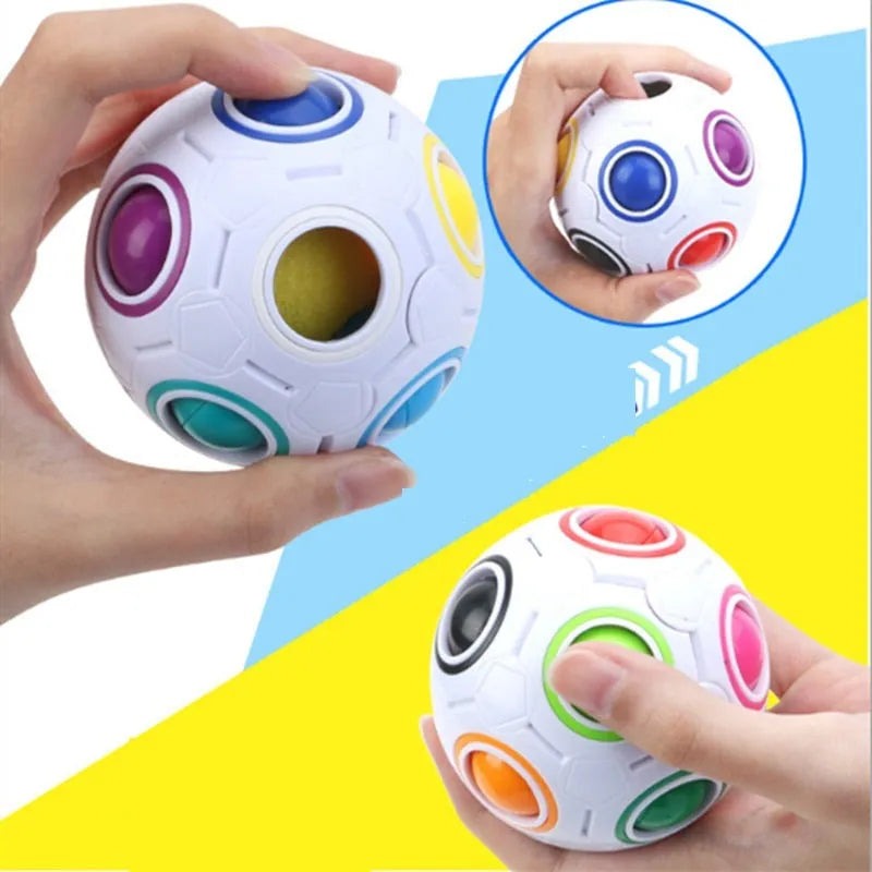 7cm rainbow coloured plastic puzzle ball with visible holes and movable balls