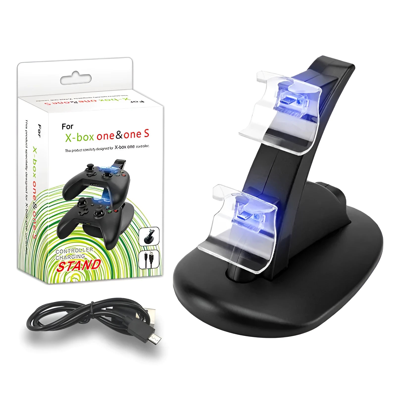 Black dual charging stand for Xbox One controllers with two charging slots