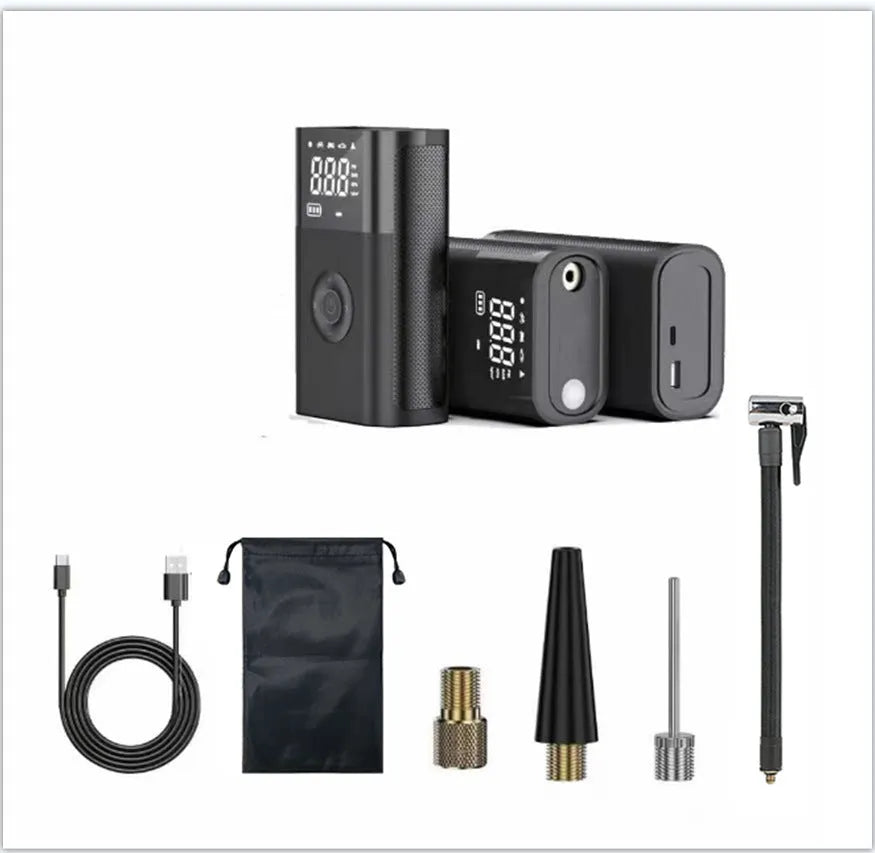 Wireless handheld digital air pump with pressure display and multiple nozzle attachments for tyres and inflatables