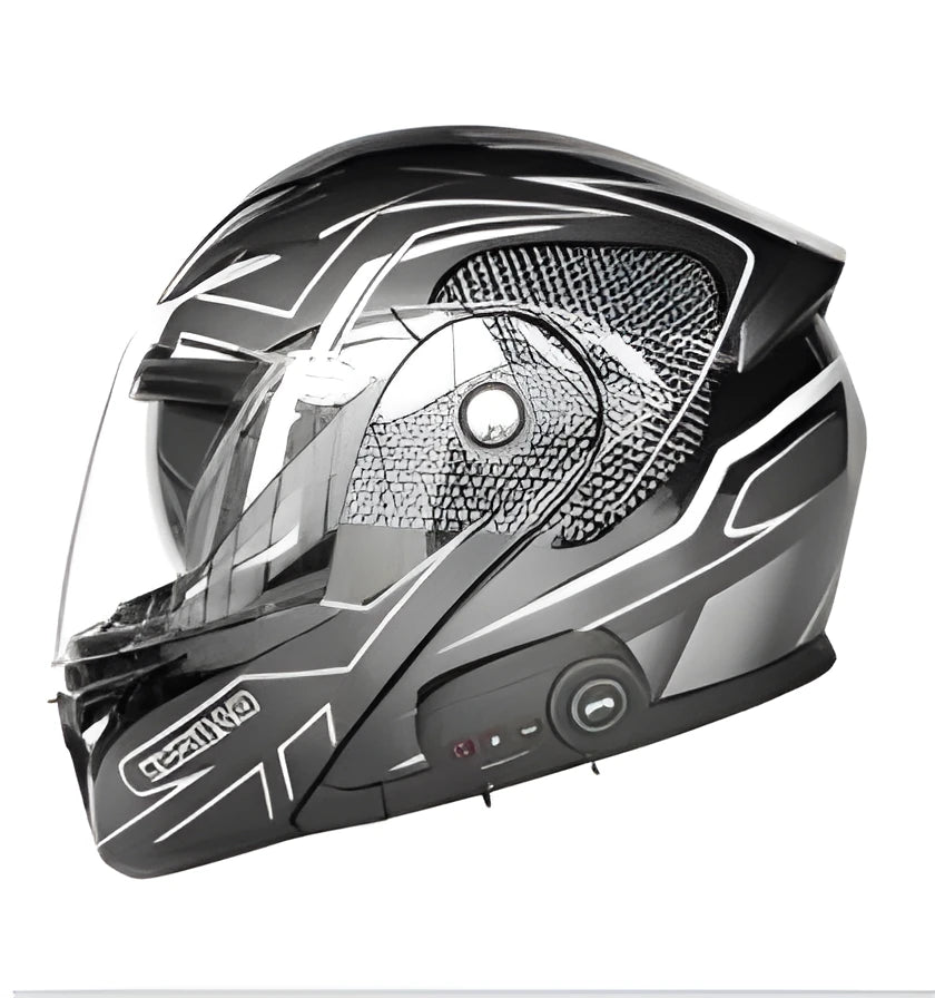 Motorcycle Bluetooth helmet with flip front dual lens visor, ABS shell, DOT ECE certified, available in black and white colours