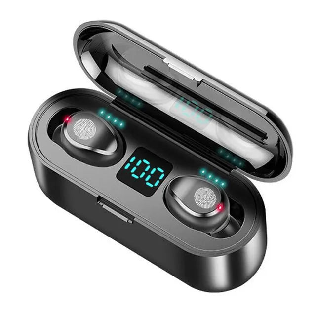 Wireless Bluetooth headset with dual earplug design showing connectivity and voice control features