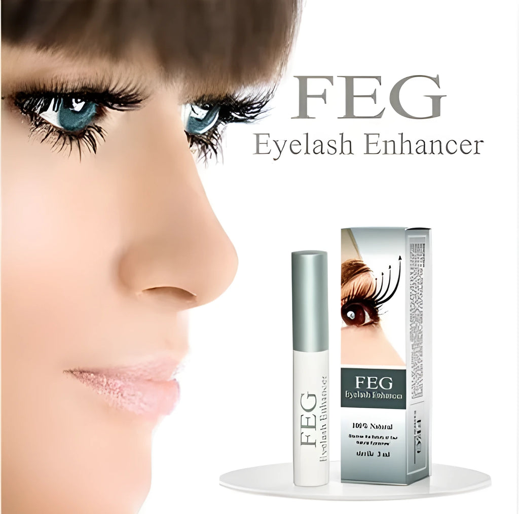 FEG Eyelash Enhancer 30ml bottle, paraben-free serum for lashes and brows, shown with applicator