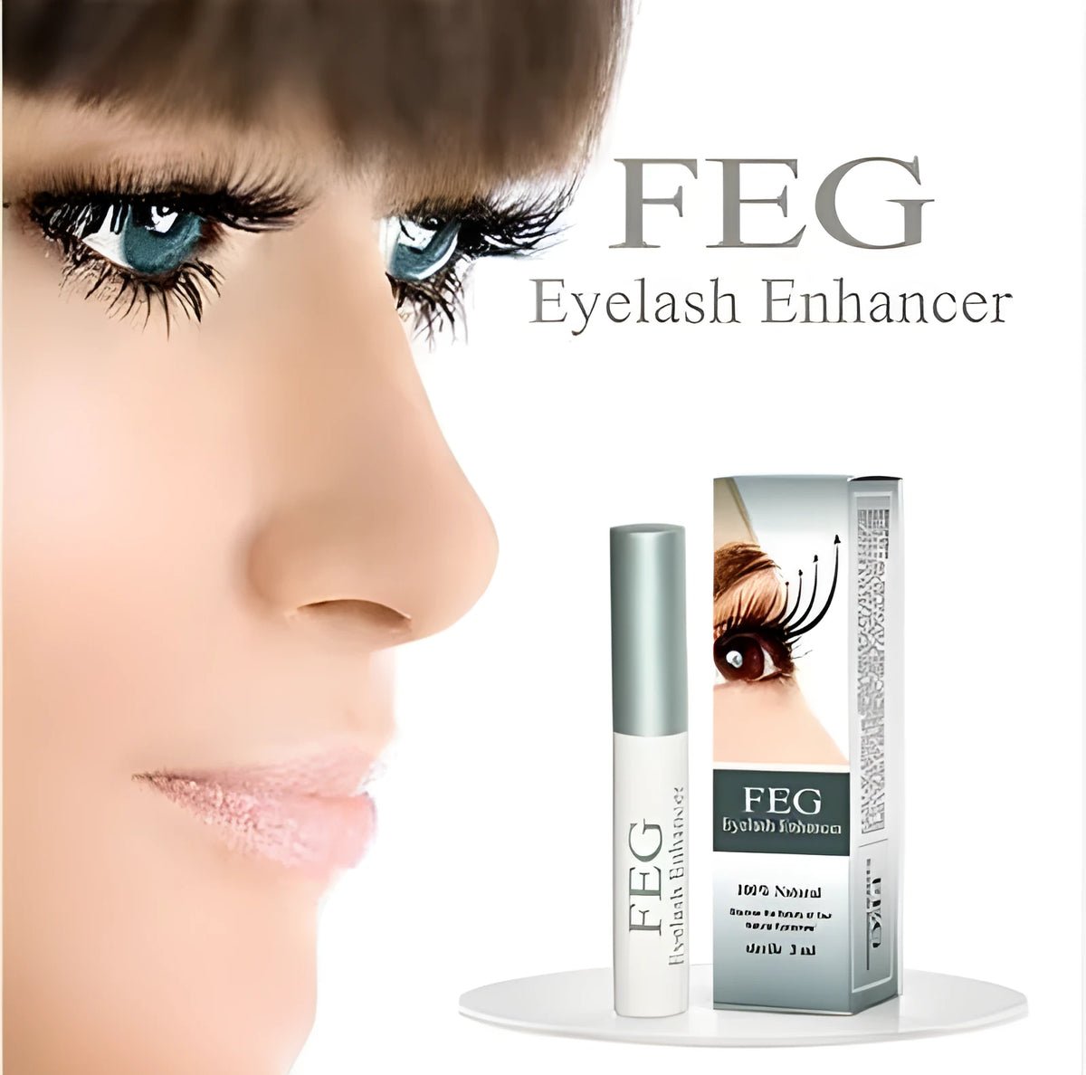FEG Eyelash Enhancer 30ml bottle, paraben-free serum for lashes and brows, shown with applicator