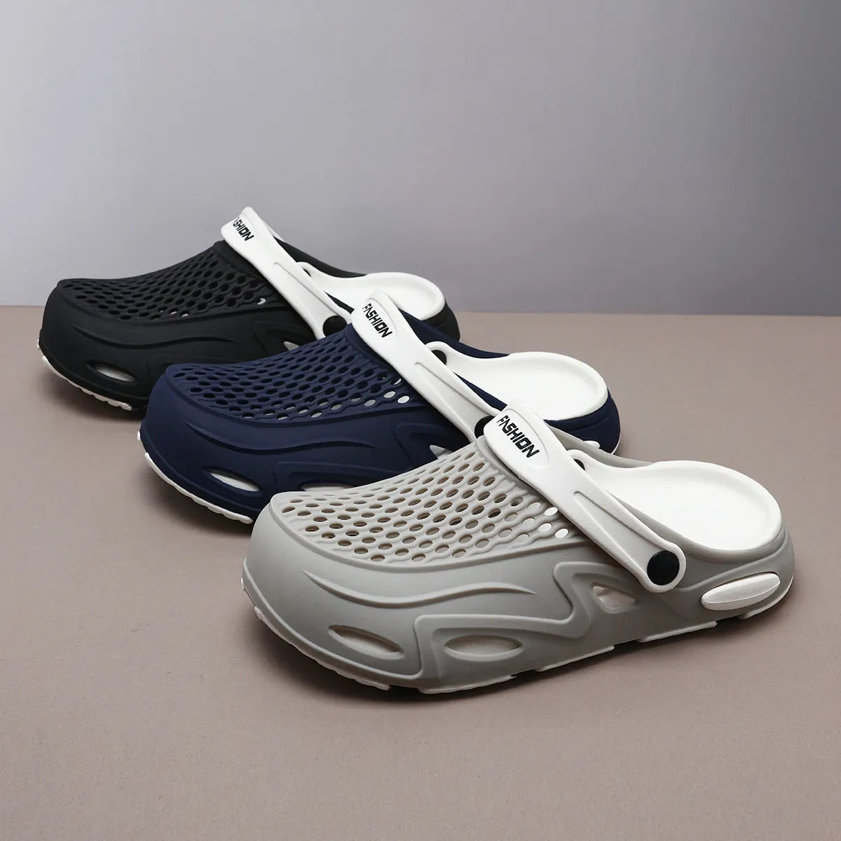 Men's grey closed toe EVA beach slippers with grid pattern upper and non-slip sole