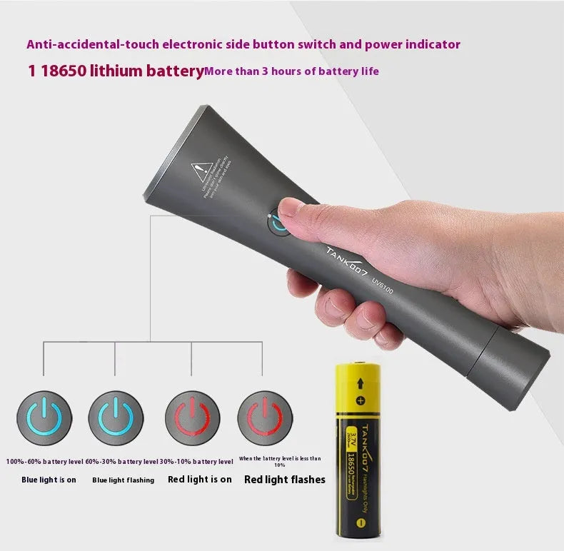 Aluminium UV flashlight for detecting pet urine stains and insect residues with USB-C charging port