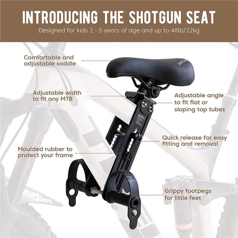 Black front-mounted kids bike seat on a mountain bike with quick-release attachment and rubber protection