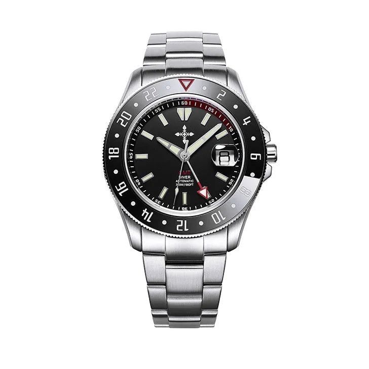 Men's GMT automatic diving watch, 42mm stainless steel case, black dial, 20ATM waterproof, sapphire glass, luminous hands