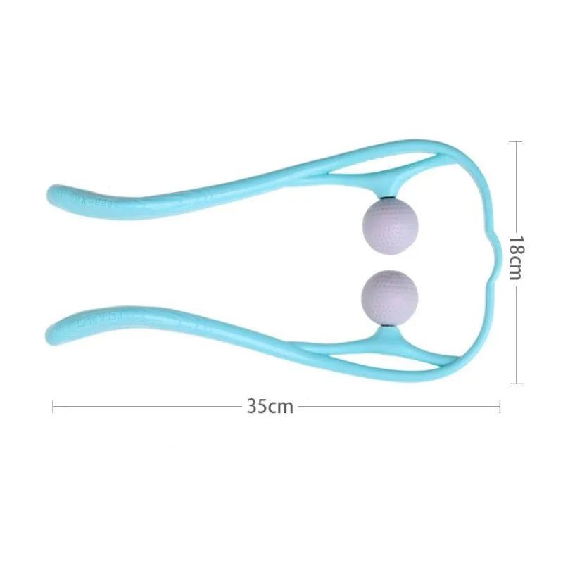 Blue plastic handheld neck massager with adjustable bracket and soft roller head on a white background.