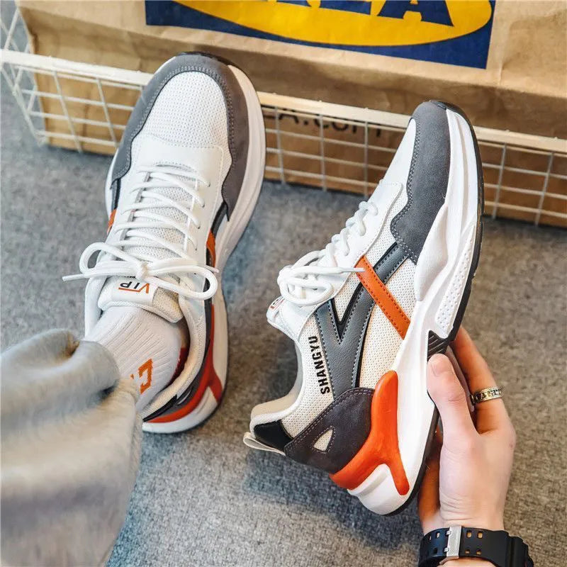Men's low-top breathable running sneaker with mesh upper, orange and yellow options, injection moulded sole
