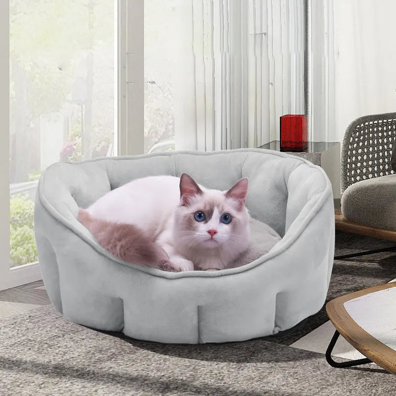 Grey plush cat kennel mat with a removable fabric house, an overhead hammock, and a base for a litter tray.