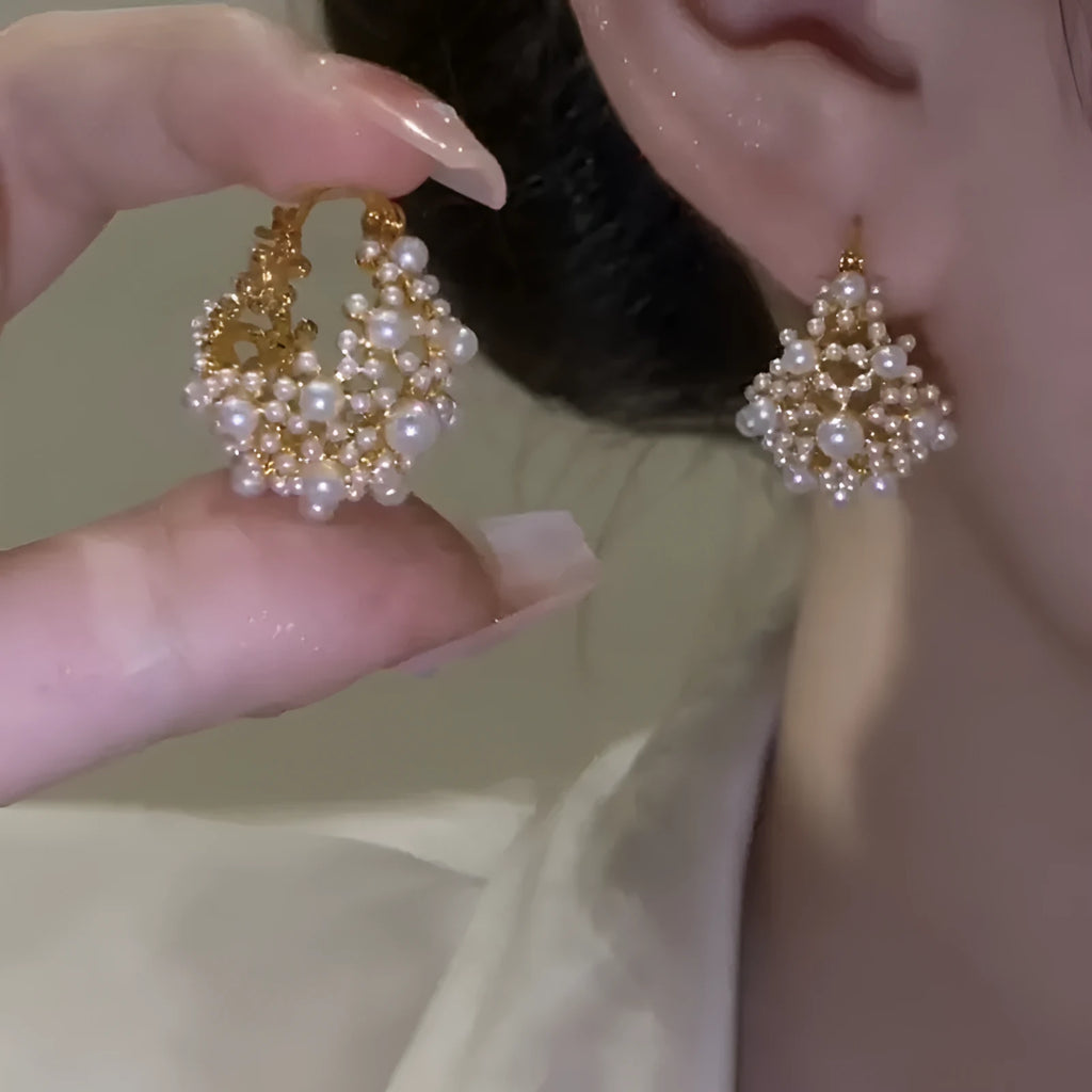 Gold-colour copper flower basket earrings with small beads and pearl inlay decoration