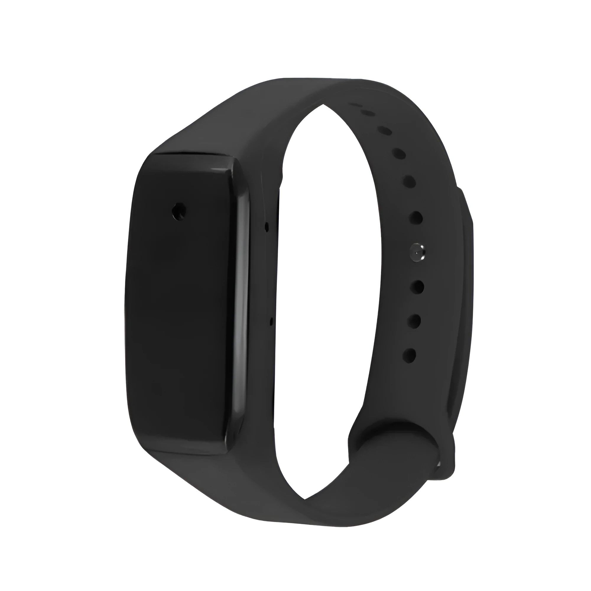 Black EDAL K18 smart wristband camera on a wrist, showing compact dial and silicone strap.
