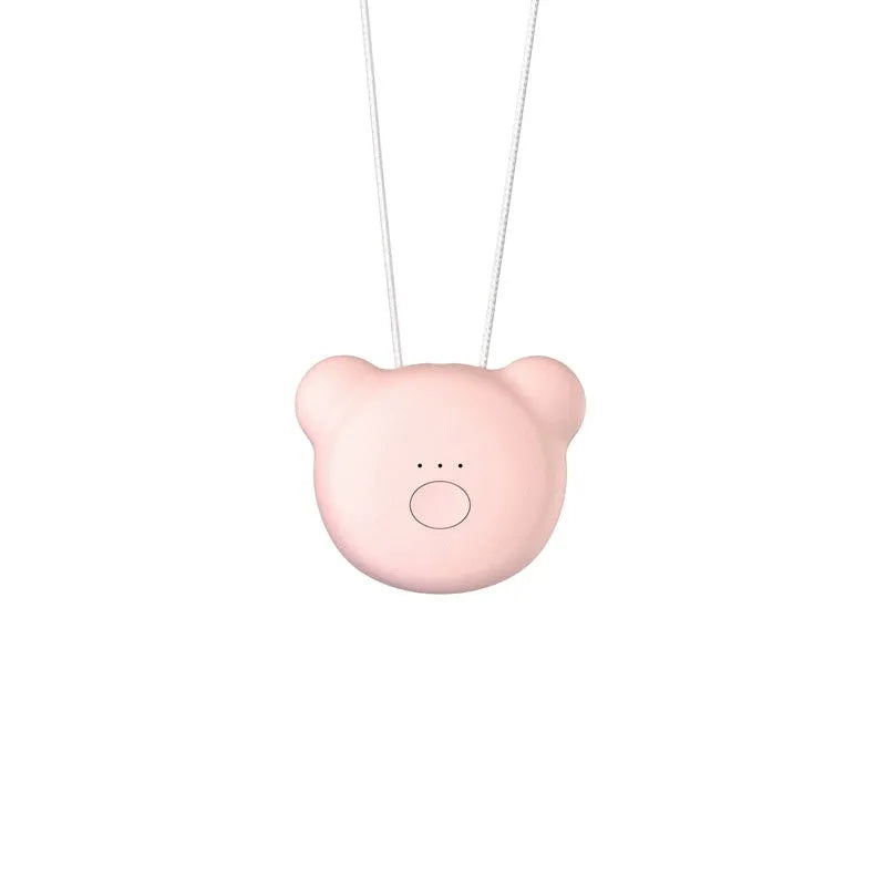 Mini USB rechargeable air purifier necklace in blue, shown with charging cable.