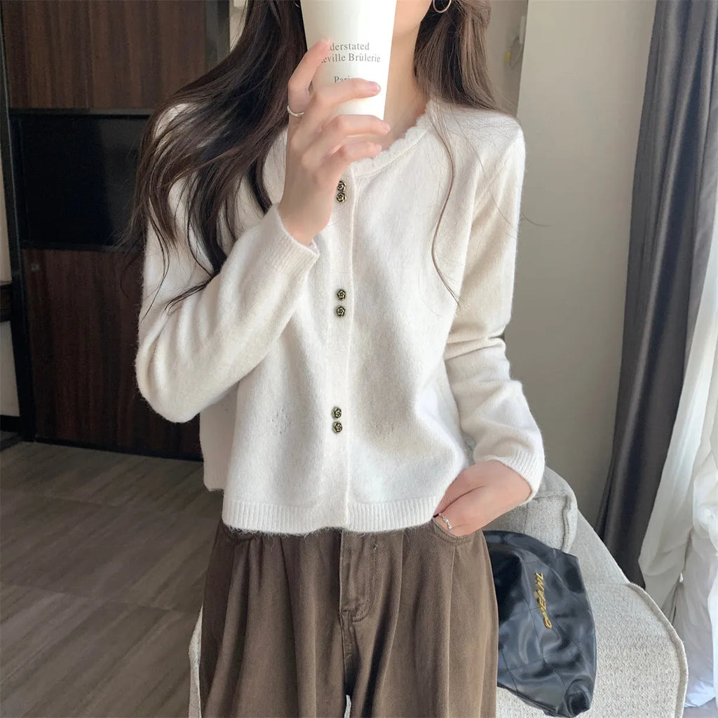 Women's beige acrylic fibre long-sleeved cardigan coat with a regular fit.