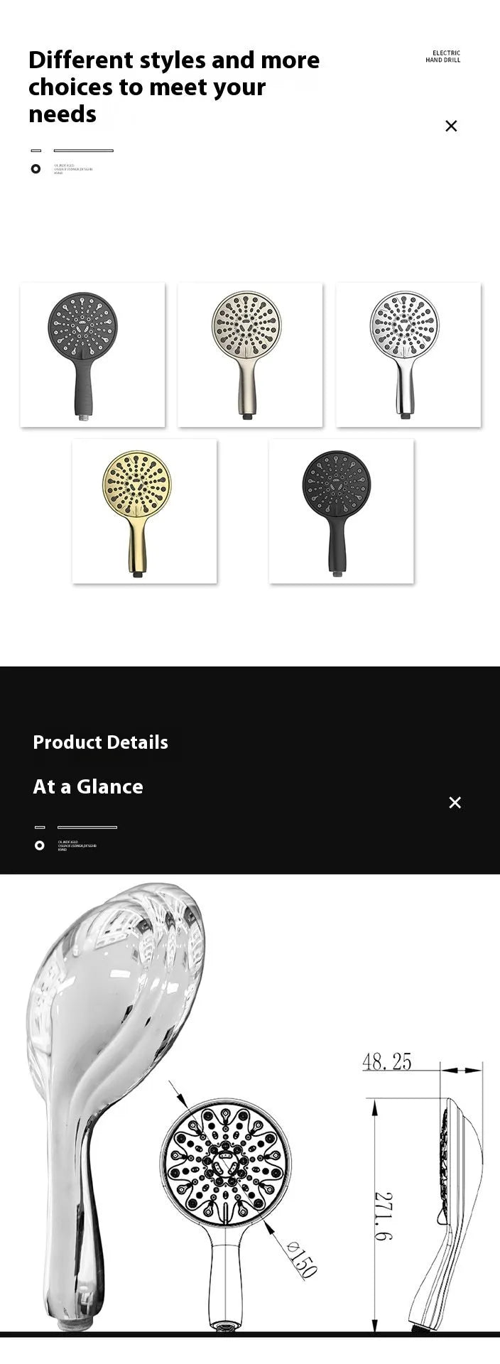 Portable 6-inch handheld shower head with electroplated finish showing multiple spray functions