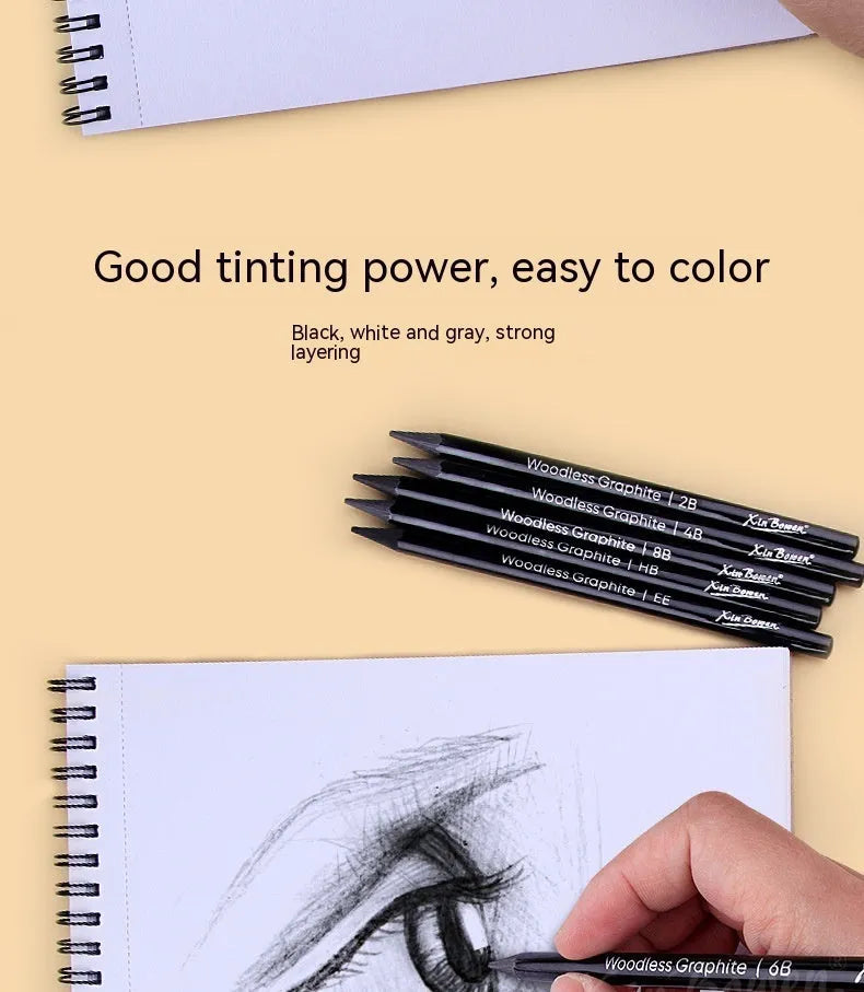 Six wood-free graphite sketching pencils showing different hardness grades HB 2B 4B 6B 8B EE