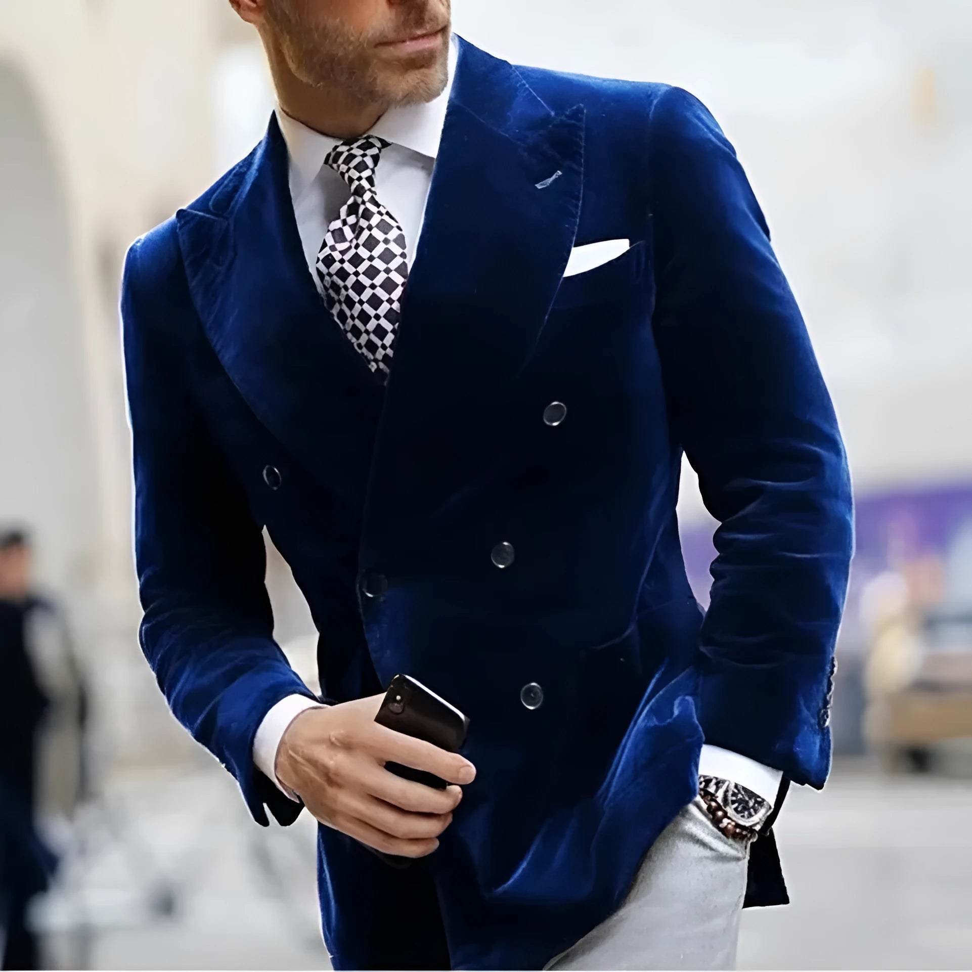 Men's slim-fit single coat suit jacket in black with two buttons, business formal style, cotton polyester blend, front and side view