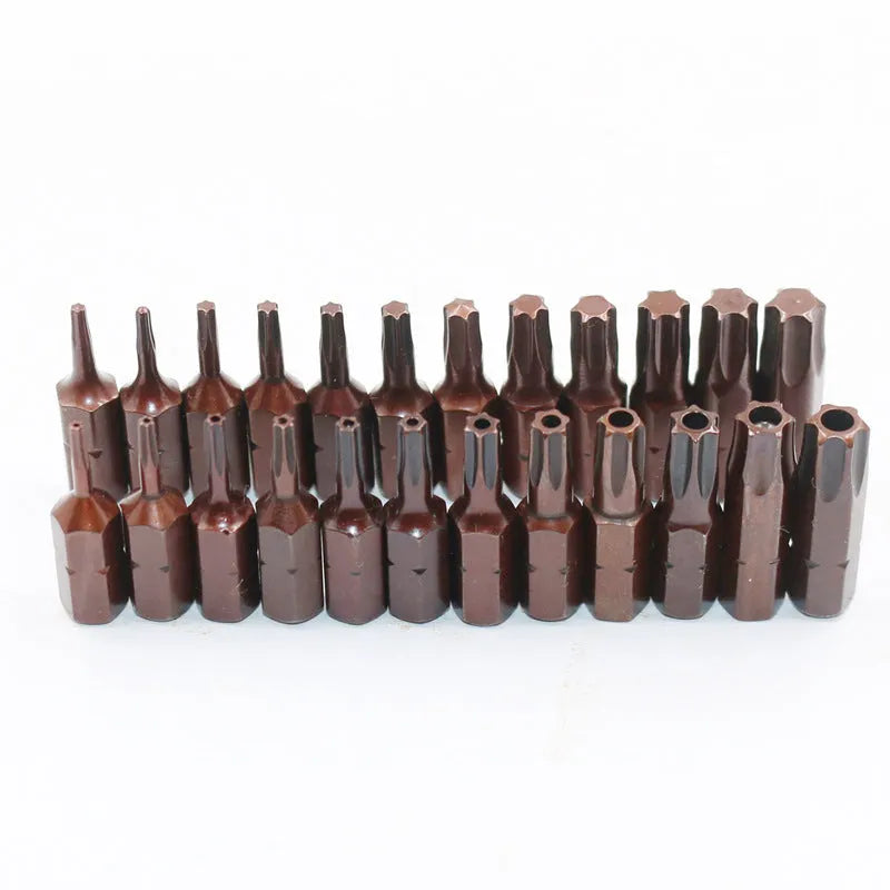 Black magnetic screwdriver bit set showing T6 through T40 sizes with hollow and solid hexagon options
