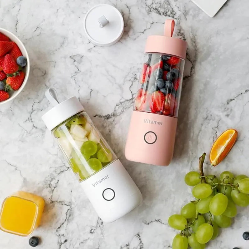 White USB rechargeable portable blender bottle with silicone carry ring, 350ml capacity.