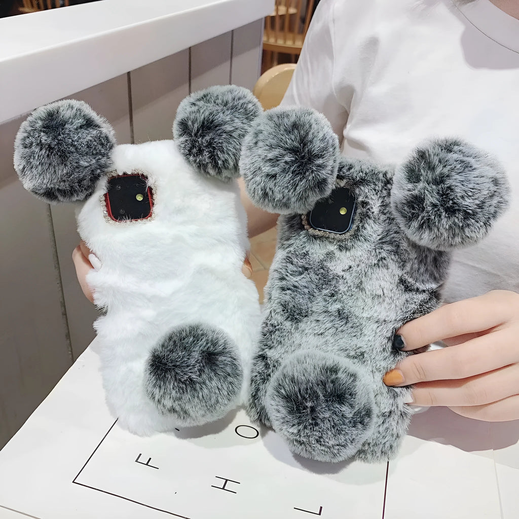 Bear design plush protective TPU back case for Apple iPhone on a grey background.
