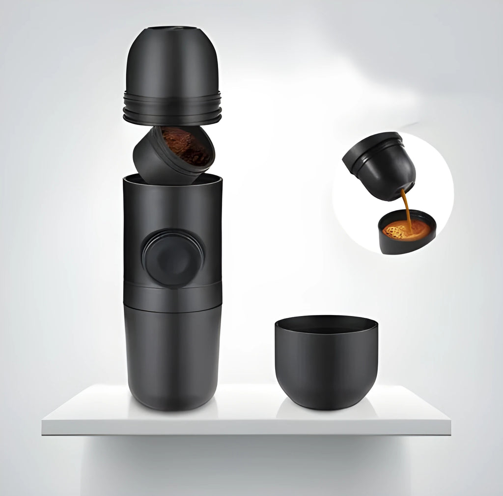 Black portable manual coffee machine showing compact 6x17.5cm design with stainless steel components