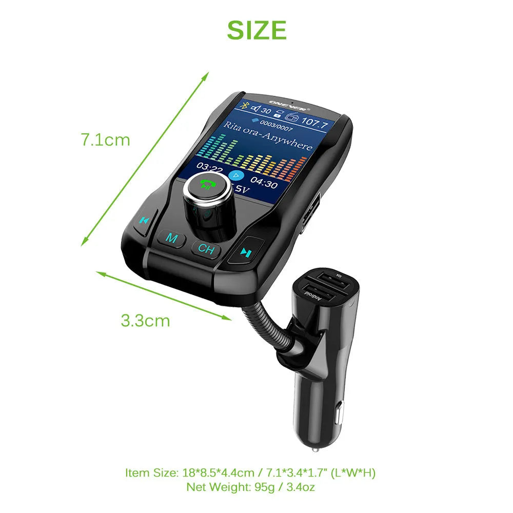 Black car FM transmitter with Bluetooth and a colour screen, showing dual USB ports and a flexible hose.