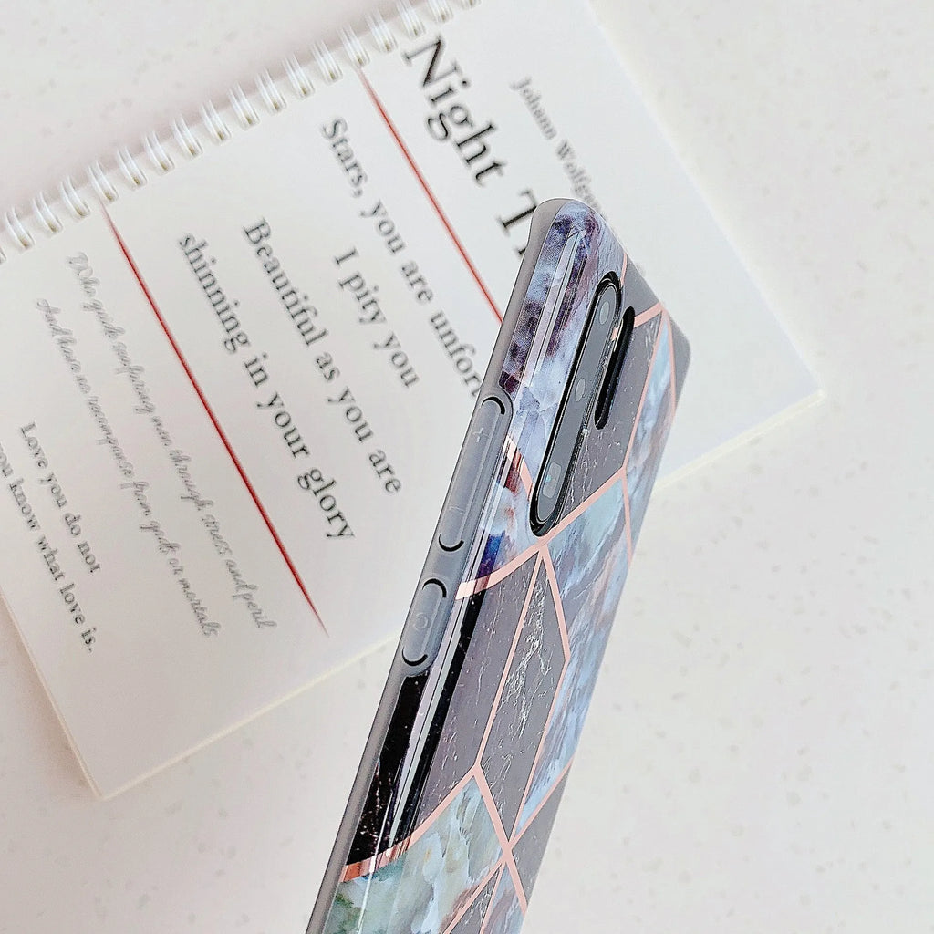 Electroplated marble design TPU mobile phone case for Huawei and Samsung phones in multiple colours.