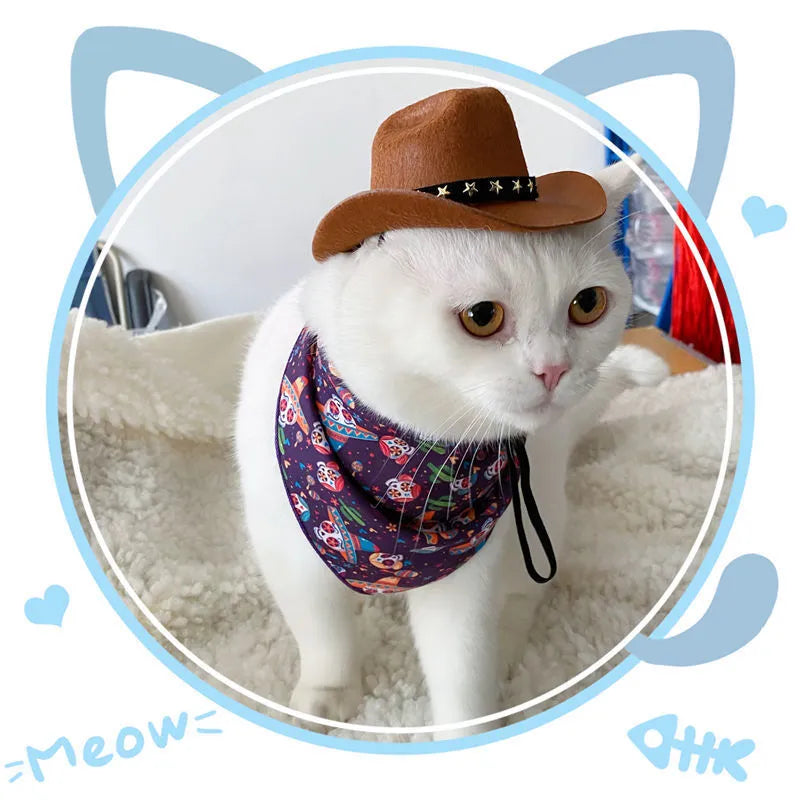 British-style brown cowboy hat for cat with velvet belt decoration as pet costume accessory