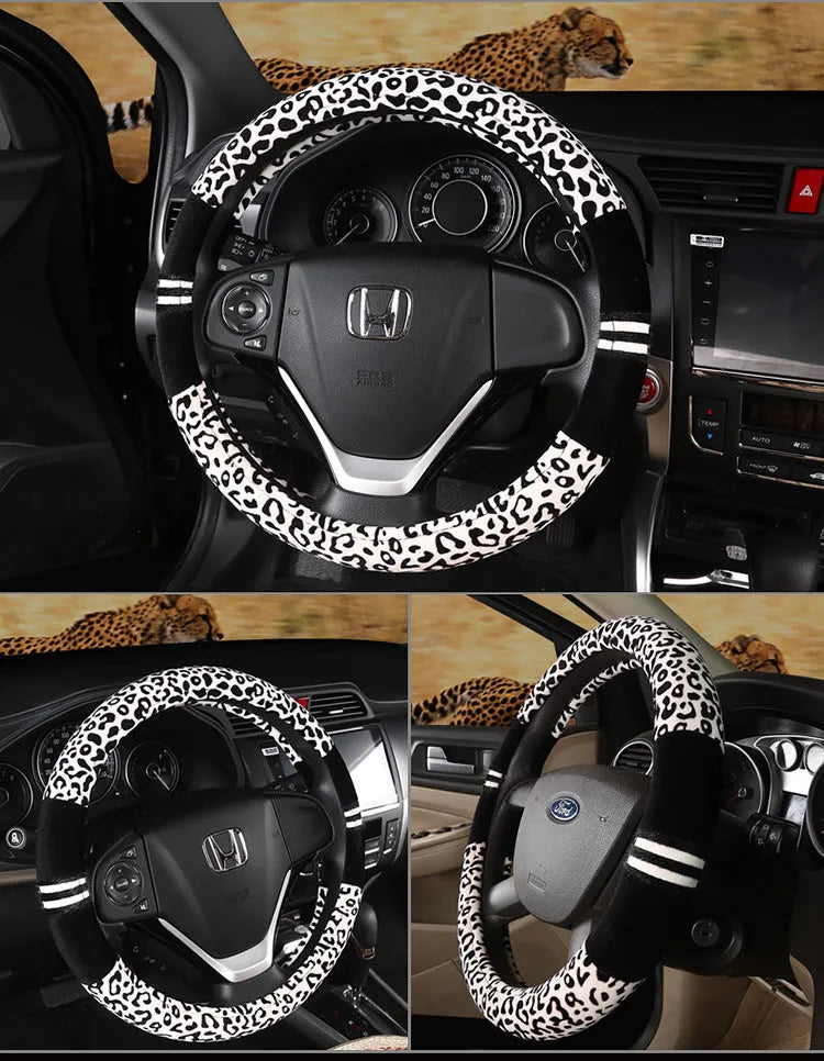 Winter plush car steering wheel cover in beige with leopard grain pattern on a GM steering wheel