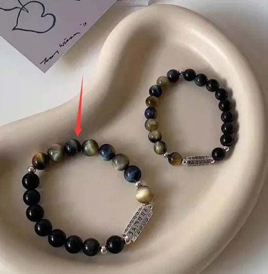 Tigereye Obsidian S925 Sterling Silver Six Words Mantra couple bracelet set in Chinese geometric style