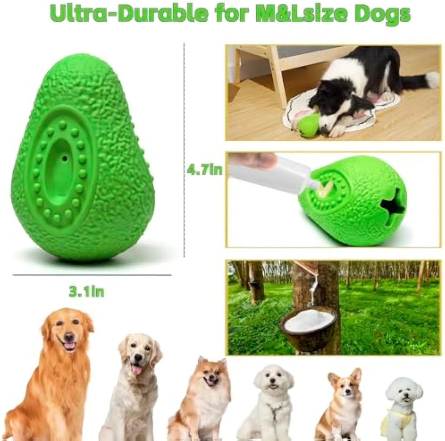 Green avocado-shaped rubber chew toy for dogs on a white background.