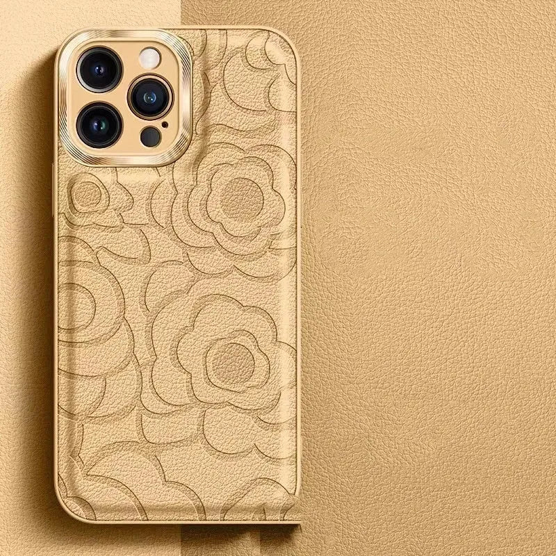 Camellia leather pattern iPhone case with soft edge and hard back, drop-resistant protective shell.